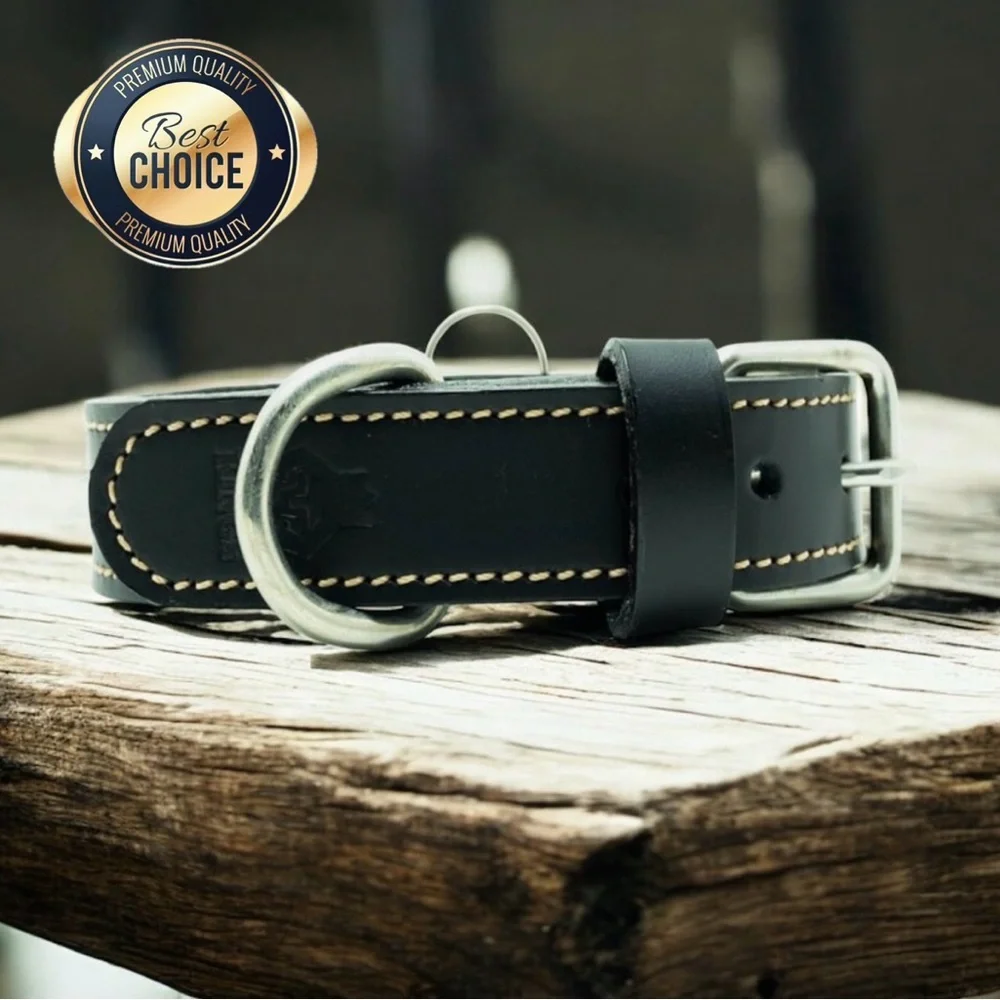 Heavy Duty Leather Black Dog Collar Genuine Leather, Durable & Adjustable Small